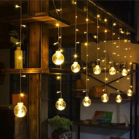 Світлодіодна гірлянда-штора XMAS 150 LED  Copper, прозорі кулі 8 см, мультиколір, 3х1,5 м, декоративне святкове освітлення на мідній проволці