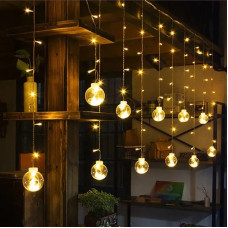 Світлодіодна гірлянда-штора XMAS 150 LED  Copper, прозорі кулі 8 см, мультиколір, 3х1,5 м, декоративне святкове освітлення на мідній проволці